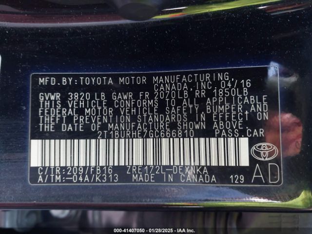 2T1BURHE7GC666810 Toyota COROLLA LE
