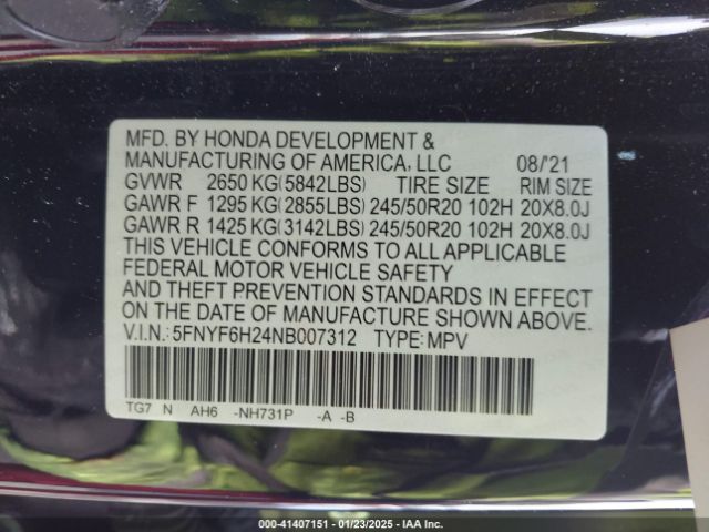 5FNYF6H24NB007312 Honda Pilot Awd Special Edition