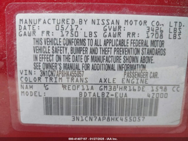 3N1CN7AP8HK455057 Nissan Versa 1.6 Sv