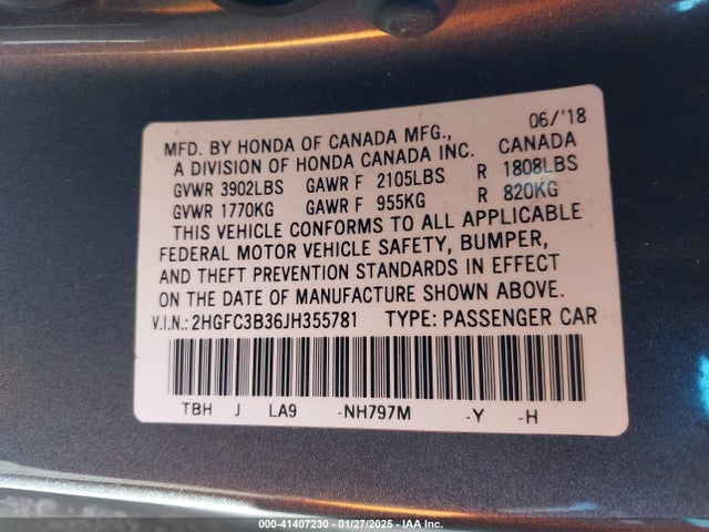 2HGFC3B36JH355781 Honda Civic Ex-t