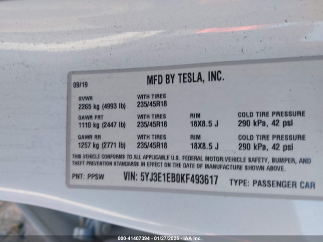 2019 TESLA MODEL 3 5YJ3E1EB0KF493617 Photo 8