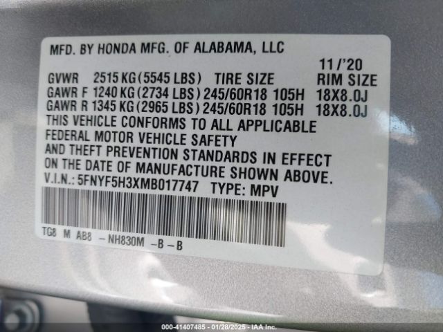 5FNYF5H3XMB017747 Honda Pilot 2wd Ex