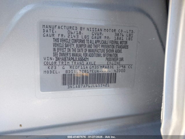 3N1AB7AP6JL655421 Nissan SENTRA SV