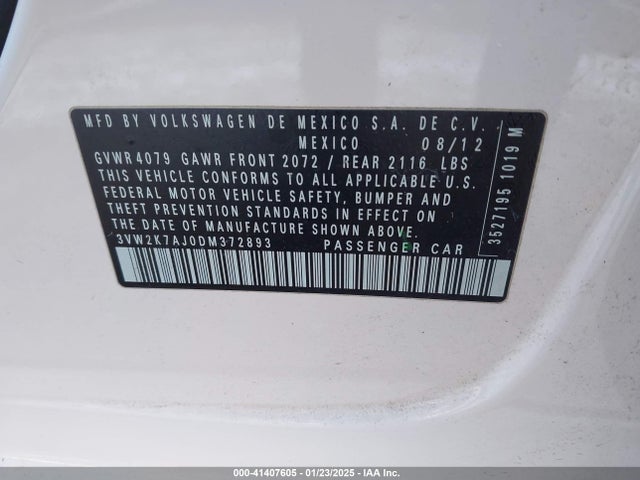 Aukcja sprzedaży 2013 Volkswagen Jetta 2.0l S, vin: 3VW2K7AJ0DM372893, numer aukcji: 41407605