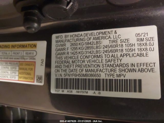 5FNYF6H50MB086650 Honda Pilot Awd Ex-l