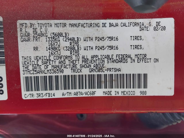 3TMCZ5ANXLM336590 Toyota Tacoma Sr V6
