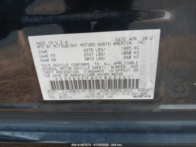 2012 MITSUBISHI GALANT 4A32B2FF8CE022231 Photo 8