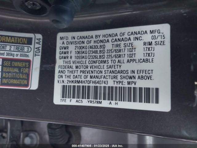 2HKRM4H70FH640743 Honda Cr-v Ex-l