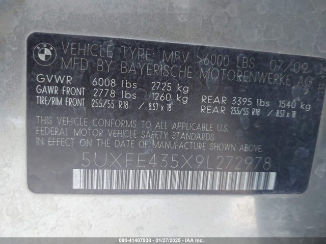 Продаж на аукціоні авто 2009 Bmw X5 Xdrive30i, vin: 5UXFE435X9L272978, номер лоту: 41407938