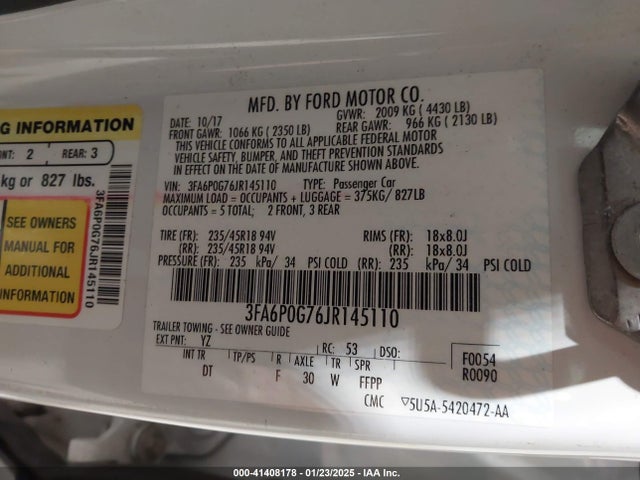 3FA6P0G76JR145110 Ford FUSION S