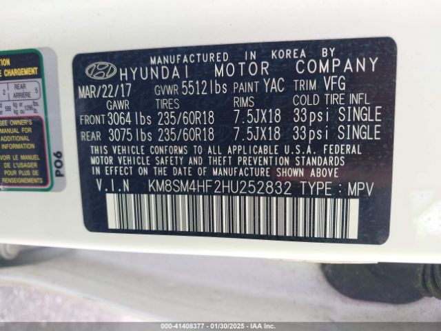 KM8SM4HF2HU252832 Hyundai Santa Fe Se