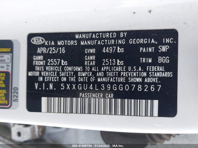Продажа на аукционе авто 2016 Kia Optima Ex, vin: 5XXGU4L39GG078267, номер лота: 41408754