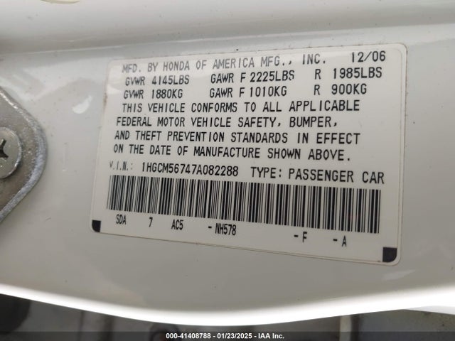 2007 Honda Accord 2.4 Ex მანქანა იყიდება აუქციონზე, vin: 1HGCM56747A082288, აუქციონის ნომერი: 41408788