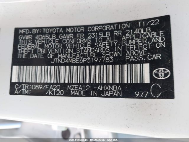 JTND4MBE6P3197783 Toyota COROLLA SE