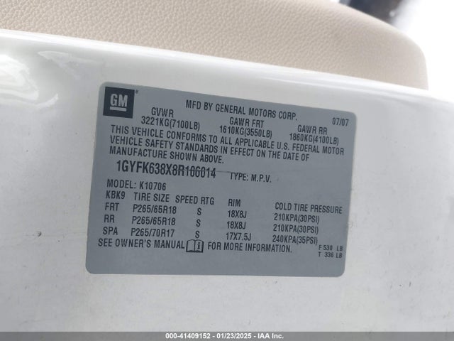 2008 CADILLAC ESCALADE 1GYFK638X8R106014 Photo 8