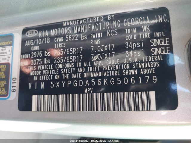 5XYPGDA56KG506179 KIA Sorento 3.3l Lx