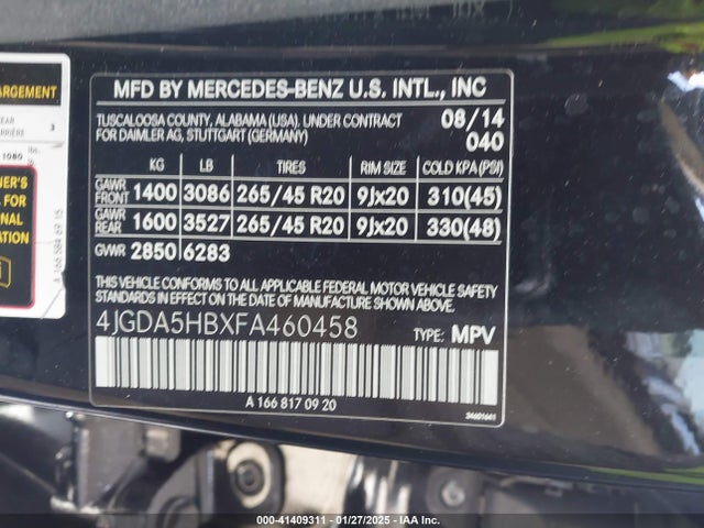 Mercedes-Benz Ml 350 4matic 2015 4JGDA5HBXFA460458 Image 9