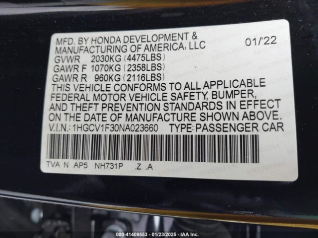 1HGCV1F30NA023660 Honda Accord Sport