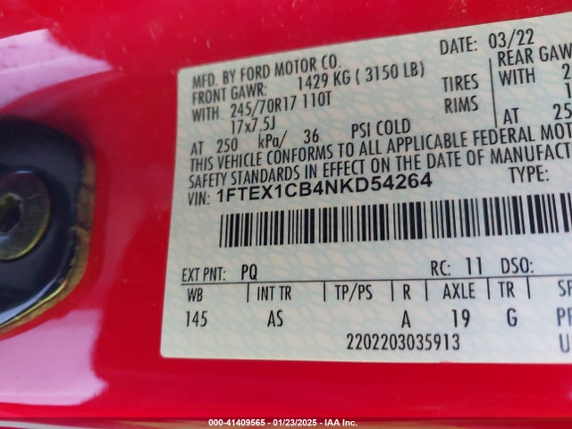 Aukcja sprzedaży 2022 Ford F-150 Xl, vin: 1FTEX1CB4NKD54264, numer aukcji: 41409565