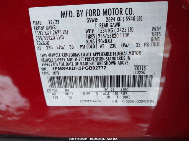 1FMSK8DH3PGB92772 Ford EXPLORER XLT
