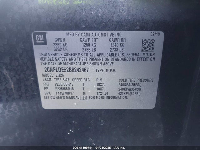 2011 Chevrolet Equinox 1lt მანქანა იყიდება აუქციონზე, vin: 2CNFLDE52B6242467, აუქციონის ნომერი: 41409711