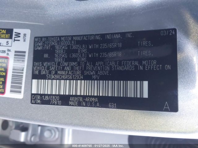 5TDKBRCH6RS612934 Toyota Highlander Hybrid Xle