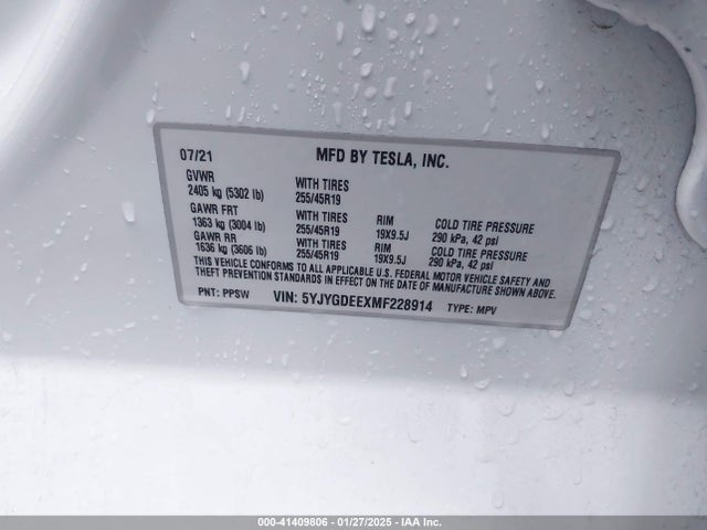 2021 TESLA MODEL Y 5YJYGDEEXMF228914 Photo 8