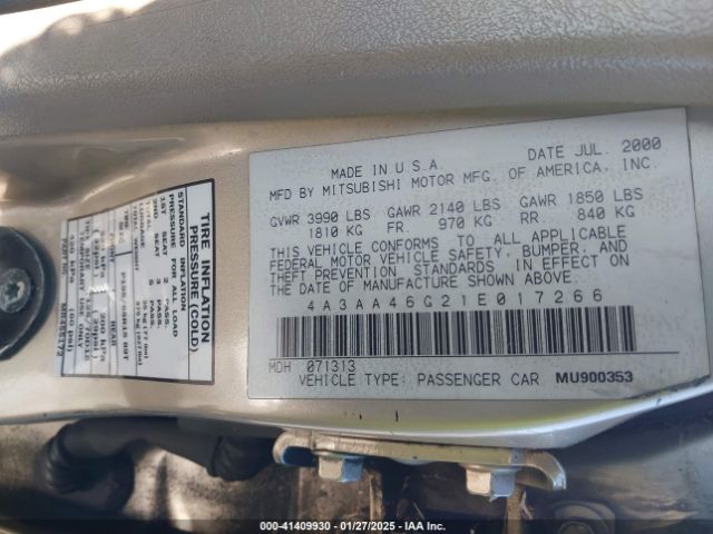 2001 MITSUBISHI GALANT 4A3AA46G21E017266 Photo 8