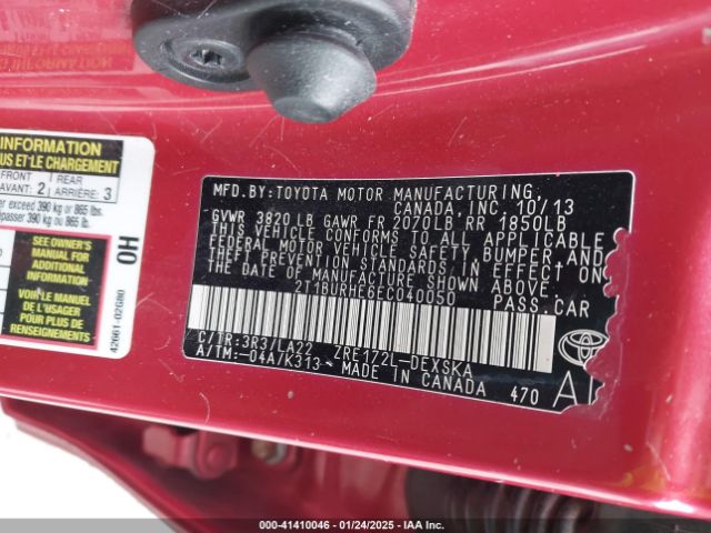2T1BURHE6EC040050 Toyota Corolla L/le/le Pls/prm/s/s Pls