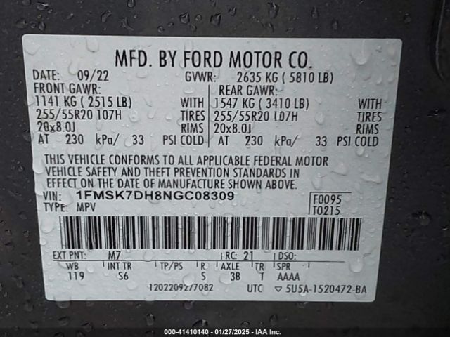 1FMSK7DH8NGC08309 Ford EXPLORER XLT