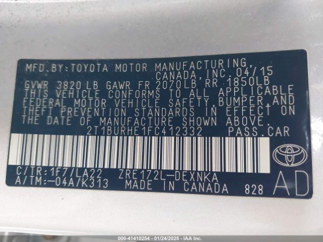 2T1BURHE1FC412332 Toyota Corolla Le Premium