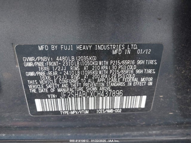 Продажа на аукционе авто 2012 Subaru Forester 2.5x, vin: JF2SHABCXCH437896, номер лота: 41410613