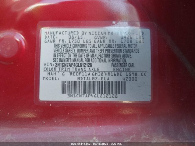 3N1CN7AP4GL812128 Nissan Versa 1.6 S/1.6 S+/1.6 Sl/1.6 Sv