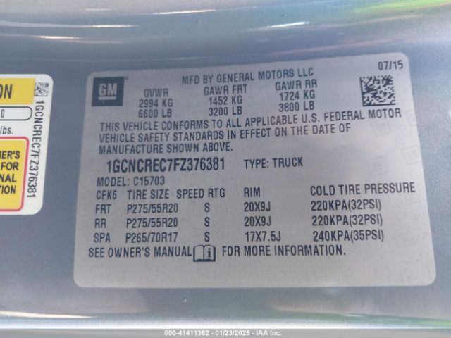 1GCNCREC7FZ376381 Chevrolet Silverado 1500 1lt