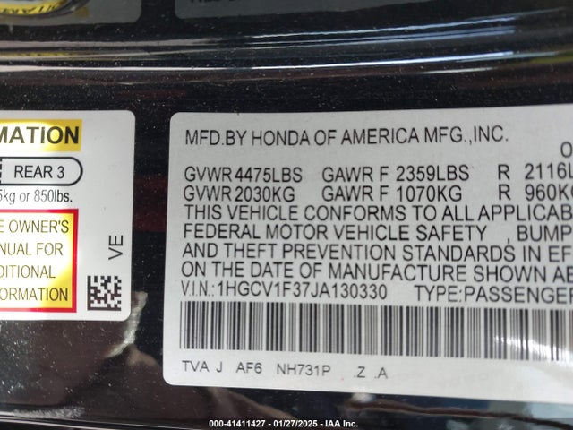 1HGCV1F37JA130330 Honda Accord Sport