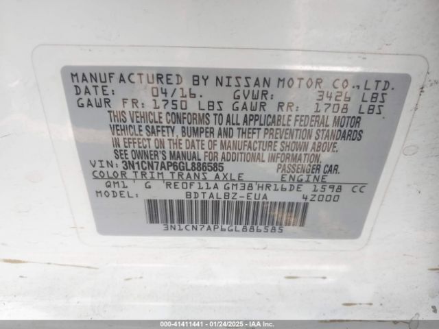 3N1CN7AP6GL886585 Nissan Versa 1.6 S/1.6 S+/1.6 Sl/1.6 Sv