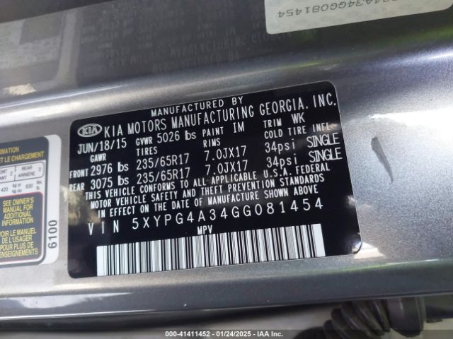 5XYPG4A34GG081454 KIA Sorento 2.4l Lx