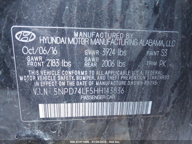 5NPD74LF5HH143836 Hyundai ELANTRA SE