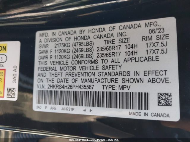 2HKRS4H26PH435567 Honda Cr-v Lx Awd
