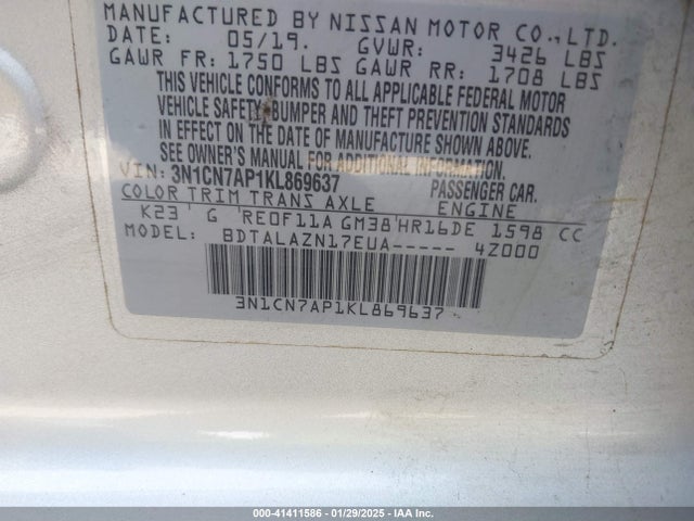 Nissan Versa 1.6 S+ 2019 3N1CN7AP1KL869637 Image 9