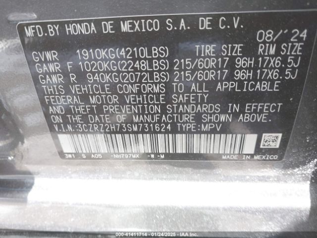3CZRZ2H73SM731624 Honda Hr-v Awd Ex-l