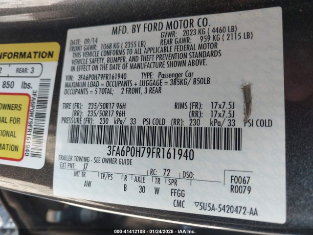 Ford FUSION SE 2015 3FA6P0H79FR161940 Image 9