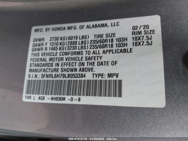 5FNRL6H79LB053384 Honda Odyssey Ex-l/ex-l W/navi   Res