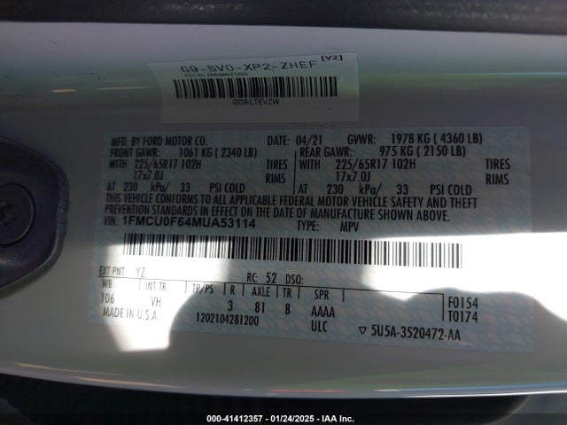 1FMCU0F64MUA53114 Ford ESCAPE S