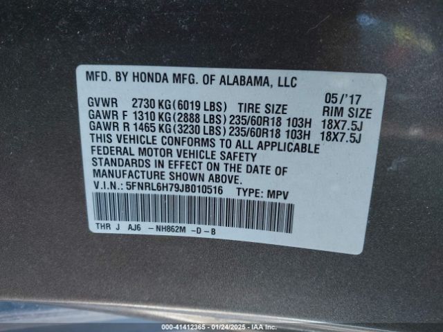 5FNRL6H79JB010516 Honda Odyssey Ex-l