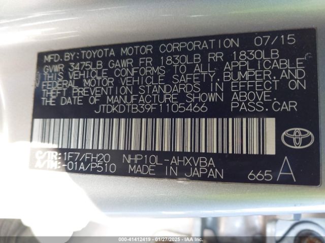 JTDKDTB39F1105466 Toyota Prius C One