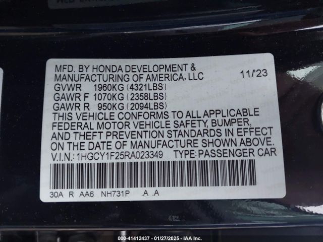 1HGCY1F25RA023349 Honda ACCORD LX