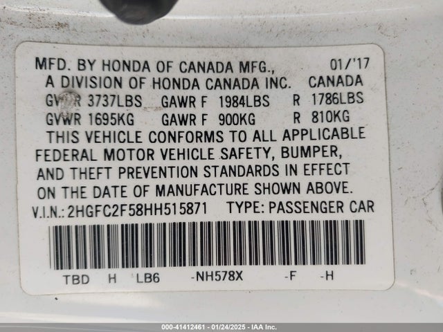 Продаж на аукціоні авто 2017 Honda Civic Lx, vin: 2HGFC2F58HH515871, номер лоту: 41412461