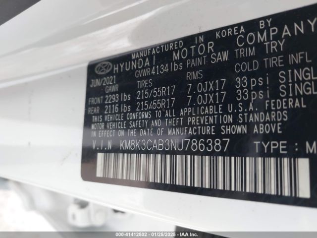 KM8K3CAB3NU786387 Hyundai Kona Sel