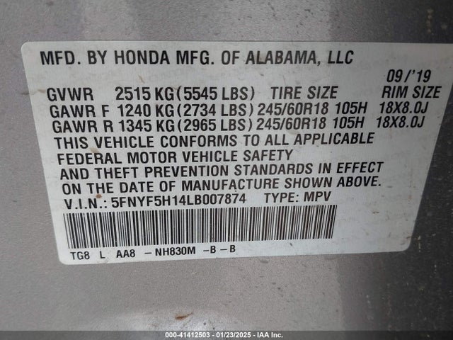 5FNYF5H14LB007874 Honda Pilot 2wd Lx